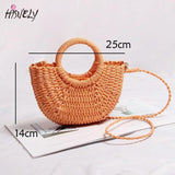 Mini Hollow Out Beach Bag Weaving Wood Top-handle Handbags Ladies Round Straw Ba