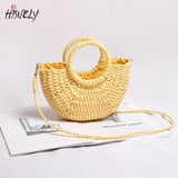 Mini Hollow Out Beach Bag Weaving Wood Top-handle Handbags Ladies Round Straw Ba