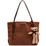 Winter Retro Tote Bag Suede Handbags for Women with Bear Pendant