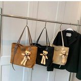 Winter Retro Tote Bag Suede Handbags for Women with Bear Pendant