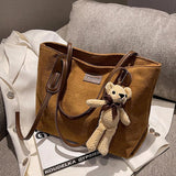 Winter Retro Tote Bag Suede Handbags for Women with Bear Pendant