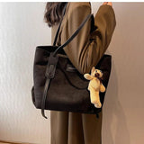 Winter Retro Tote Bag Suede Handbags for Women with Bear Pendant