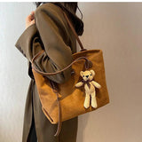 Winter Retro Tote Bag Suede Handbags for Women with Bear Pendant