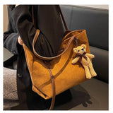 Winter Retro Tote Bag Suede Handbags for Women with Bear Pendant