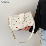 Floral Embroidery Vintage Chains Shoulder Bag, Fairy Texture PU Leather Handbag