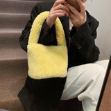 Women Small Plush Tote Handbags Lamb Fabric Wrist Bags