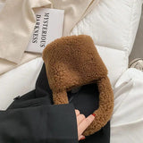 Women Small Plush Tote Handbags Lamb Fabric Wrist Bags