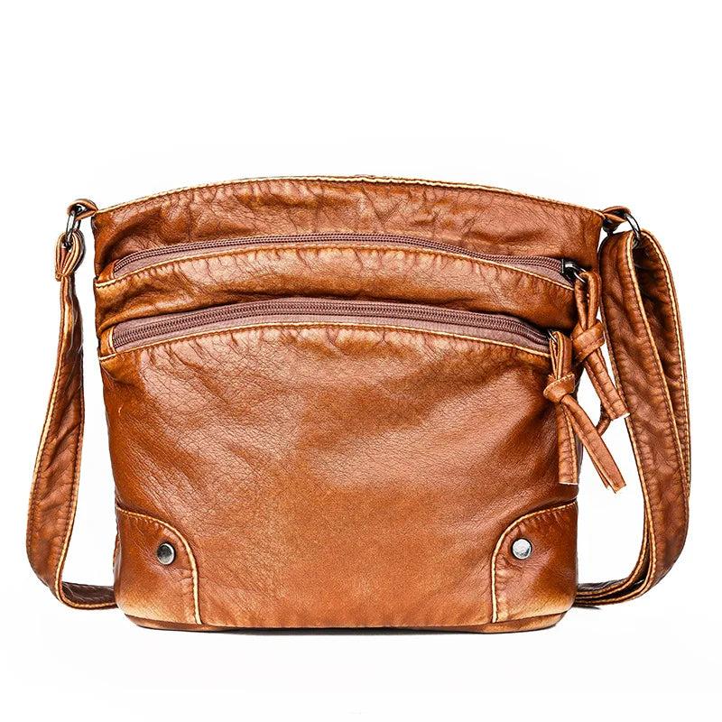 Retro PU Leather Shoulder Bag Double Zipper Crossbody Handbag