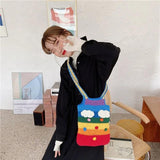 Rainbow Shoulder Bag Knitting Tote for Girls Cotton Cloth Women Handbag