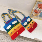 Rainbow Shoulder Bag Knitting Tote for Girls Cotton Cloth Women Handbag