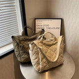 Quilted Cotton-padded Shoulder Bag Rhombic Lattice Solid Soft