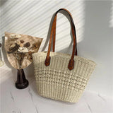 Straw Weaving Beach Bag with PU Strap for Women