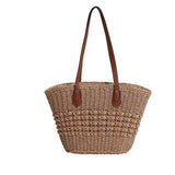 Straw Weaving Beach Bag with PU Strap for Women