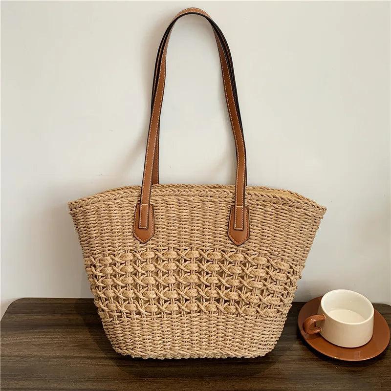 Straw Weaving Beach Bag with PU Strap for Women