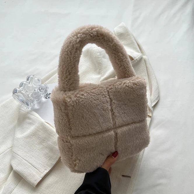 Faux Fur Ladies Bucket Shoulder Purse Retro Plain Women Handbag