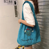 Pink Corduroy Shoulder Bag Women Sweet Flower Embroidery Shopping Bags