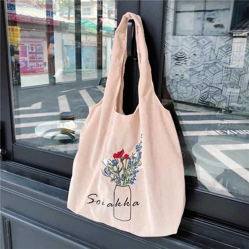 Pink Corduroy Shoulder Bag Women Sweet Flower Embroidery Shopping Bags