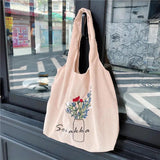 Pink Corduroy Shoulder Bag Women Sweet Flower Embroidery Shopping Bags