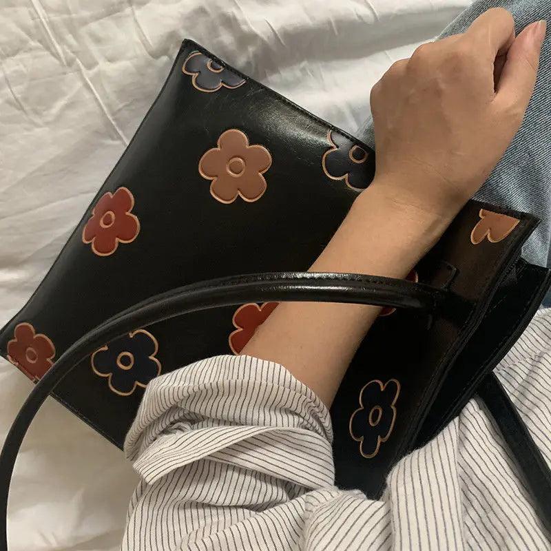 Floral PU Leather Shoulder Bag Retro Vintage Handbag for Women