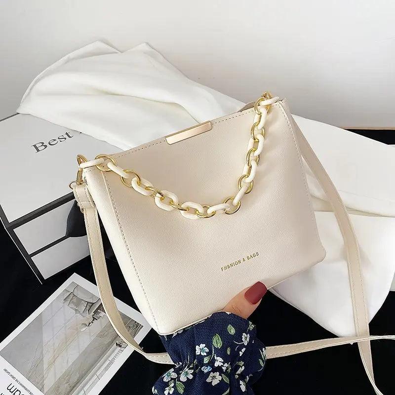 Women Bag PU Leather Shoulder Handbags Solid Chain Bucket Tote Female