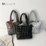 Quilted Women's Bag Feather Down Top-handle Bag with Bow
