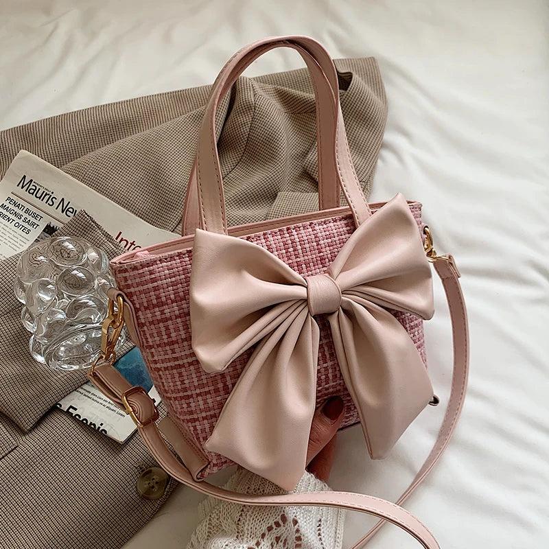 Pink Big Bow Tote Bag High-quality PU Leather Women's Handbag