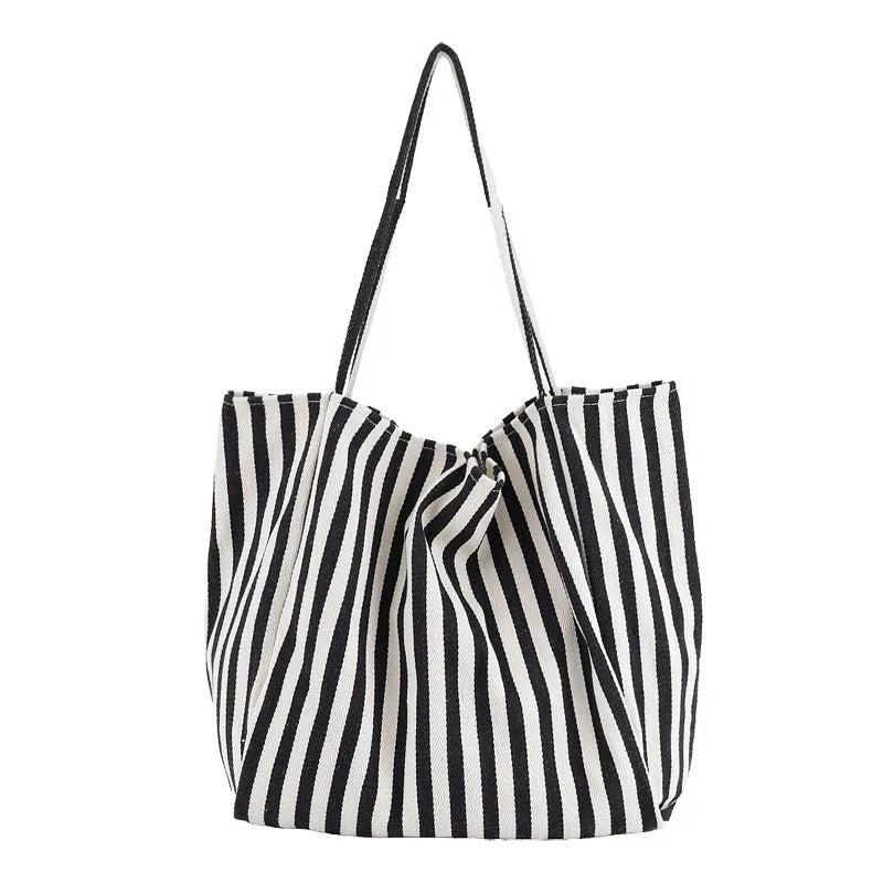 Striped Canvas Tote Bag for Women, Casual Shoulder Bag, Retro Art Handbag