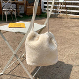 Harajuku Women Drawstring Bucket Bag Winter Lambswool Faux Fur