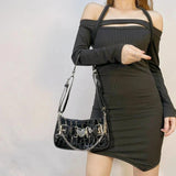 Y2K Girls Shoulder Bag PU Leather Chains Underarm Bag Crossbody Handbag Clutch