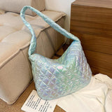 Shoulder Bag for Women Laser Multicolor Cotton Padded Handbag Rhombus Pattern
