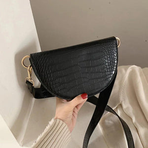 Crocodile Pattern Crossbody Bag For Women Half Round Solid Pu Leather Handbag