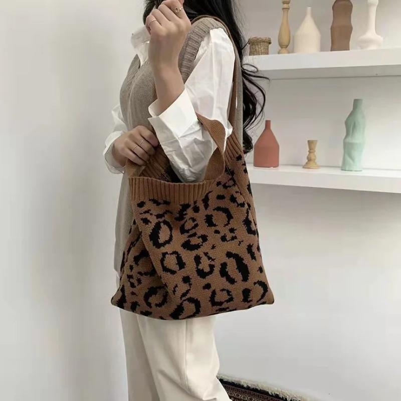 Leopard Print Retro Knitted Shoulder Bag Large-capacity Handbag