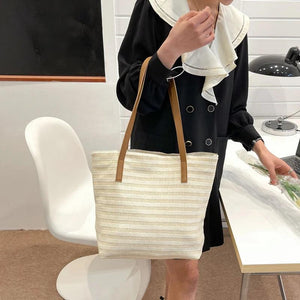Beach Straw Bag Leather Ladies Shoulder Bag Canvas Travel Tote