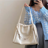 Women's Leather Drawstring Bucket Bag Large Capacity HandBag