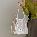 Women's Leather Drawstring Bucket Bag Large Capacity HandBag