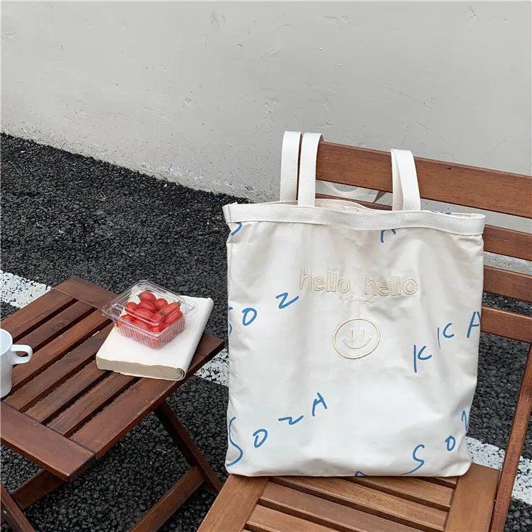 Embroidered Hello Letters Handbag Print Canvas Tote