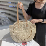 Round Straw Bag For Women Woven Beach Tote Shoulder Handbag