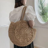 Round Straw Bag For Women Woven Beach Tote Shoulder Handbag