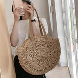 Round Straw Bag For Women Woven Beach Tote Shoulder Handbag