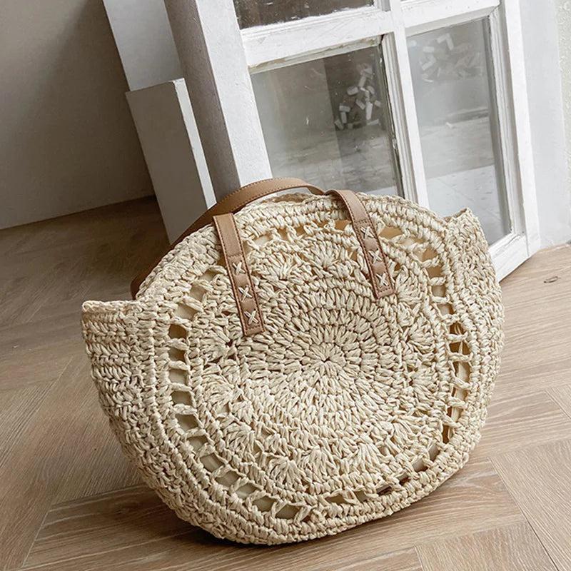 Round Straw Bag For Women Woven Beach Tote Shoulder Handbag