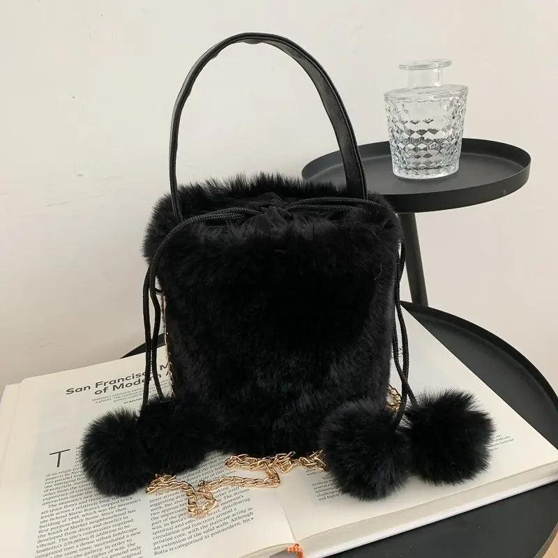 Plush Women's Drawstring Bucket Bag Anti-theft Hair Ball Handbag