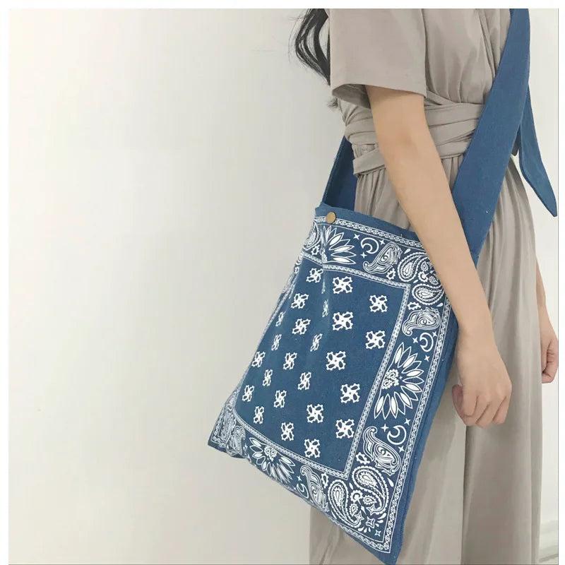 Boho Wide Strap Slouch Bag Women Bohemian Style Printing Messenger Big Handbag