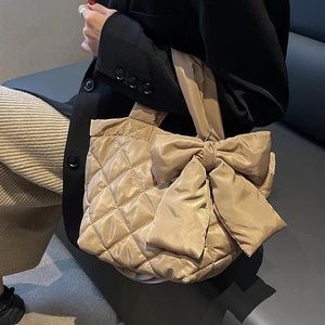 Cotton Women's Tote Bags Lady Shoulder Bag with Big Bow Nylon Handbags