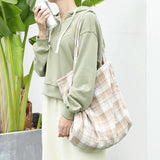 Japanese Art Canvas Tote Bag Plaid Shoulder Shopper Bag
