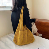 Yellow Retro Crochet Handbag Knit Hollow Out Vest Shape Top-handle Tote Bag