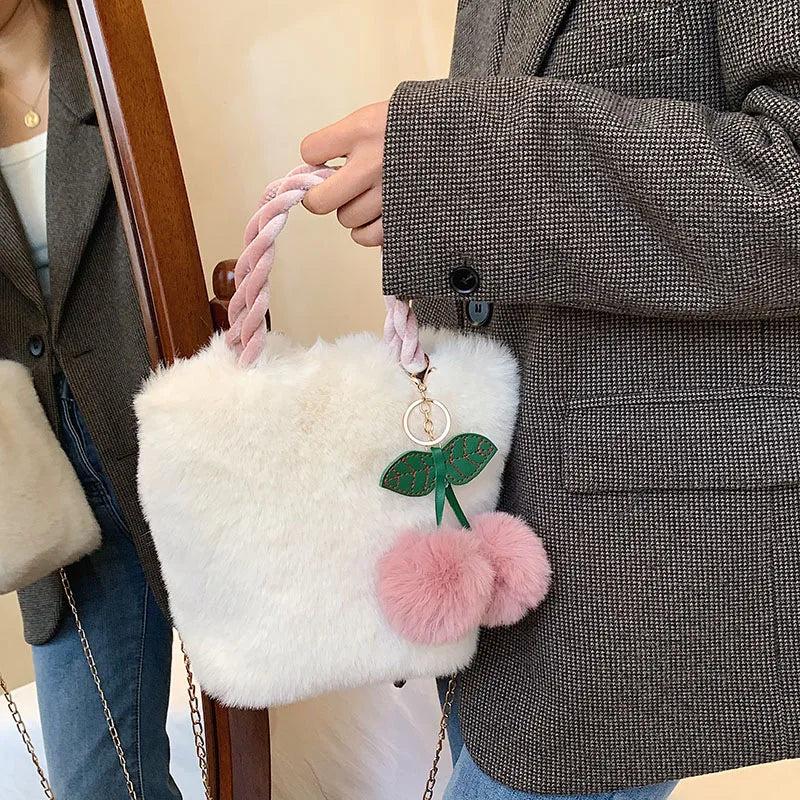 Cherry Girl Plush Ladies Handbag Winter Plush Chain Bag