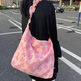 Pink Flowers Messenger Bag Women Girls Student Casual Tote Handbags