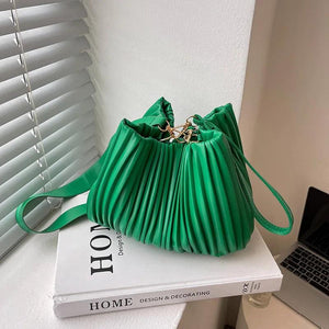 Pleated Bucket Bag Chain Shoulder Bag PU Leather Shoulder Bag Summer