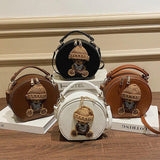 Vintage Leather Shoulder Bag Woman Bear Round Crossbody Bag