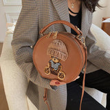 Vintage Leather Shoulder Bag Woman Bear Round Crossbody Bag